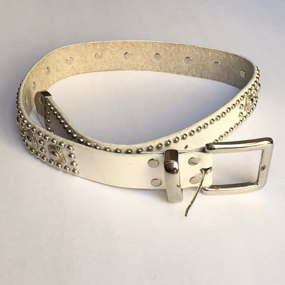 ? Genuine Leather White Studded Belt